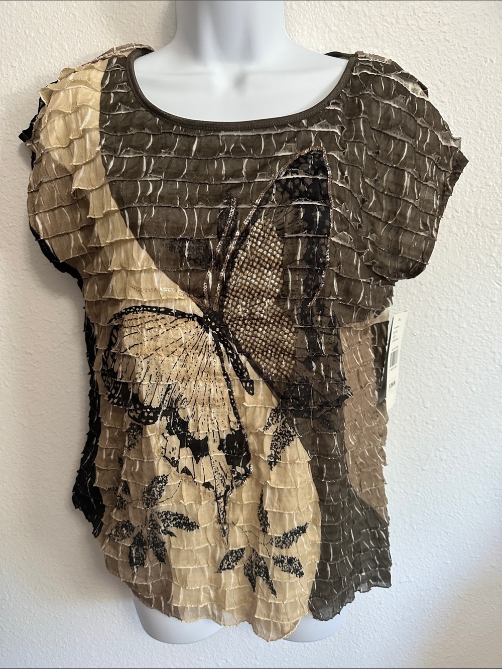 Notations Brown & Cream Ruffled Butterfly Short Sleeve Top